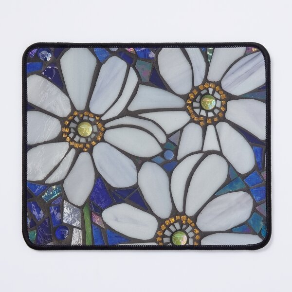 Item preview, White Japanese anemones stained glass mosaic on a blue background designed and sold by suespaintroom.