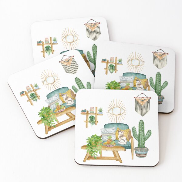 Item preview, Calico Cat and Cactus in SouthWest Boho Living Room Watercolor Artwork designed and sold by BohemiWANDERS.