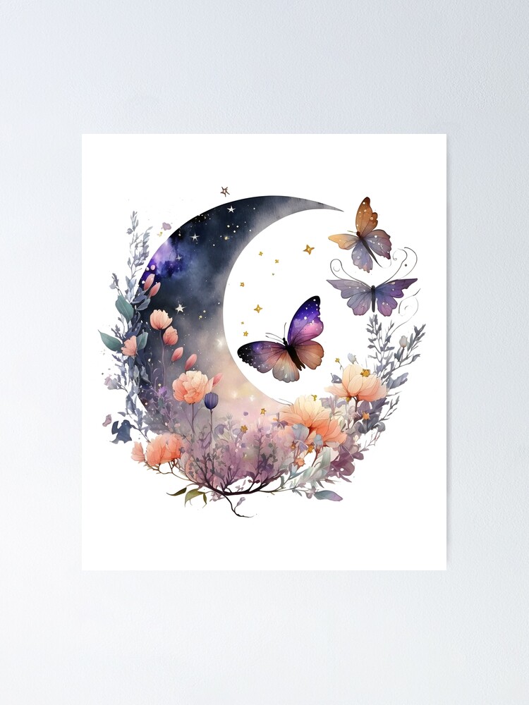 Best Moon with Beautiful Flowers Witchy Clothing Floral Moon Shirt Trippy Colorful Alt Clothing Crow Art Colorful T Shirt Poster