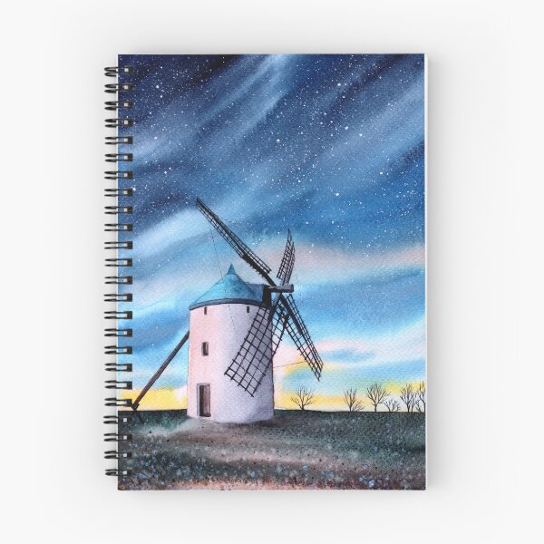 Item preview, Watercolor illustration of a night landscape with a windmill on a meadow under the starry sky designed and sold by MaryWatercolor.