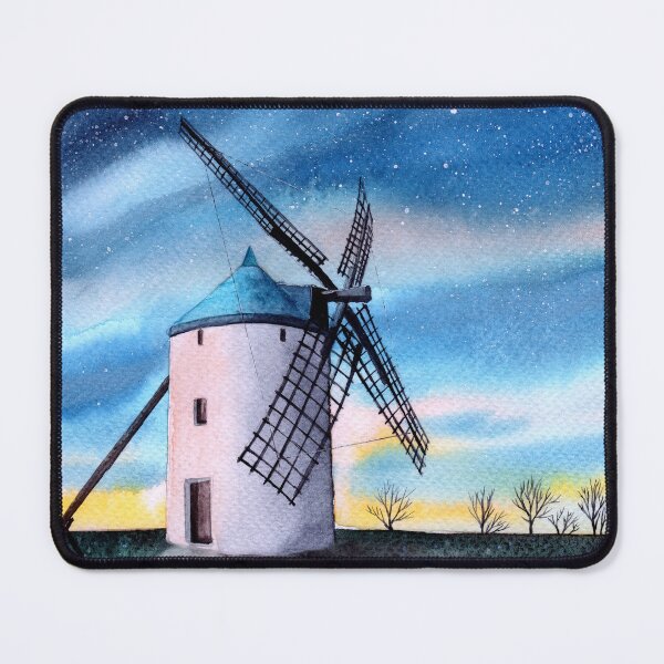Item preview, Watercolor illustration of a night landscape with a windmill on a meadow under the starry sky designed and sold by MaryWatercolor.