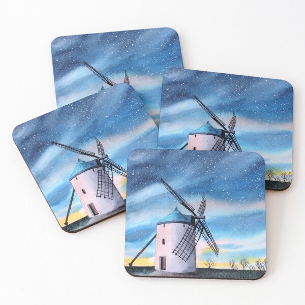 Item preview, Watercolor illustration of a night landscape with a windmill on a meadow under the starry sky designed and sold by MaryWatercolor.