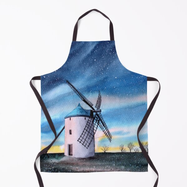 Item preview, Watercolor illustration of a night landscape with a windmill on a meadow under the starry sky designed and sold by MaryWatercolor.