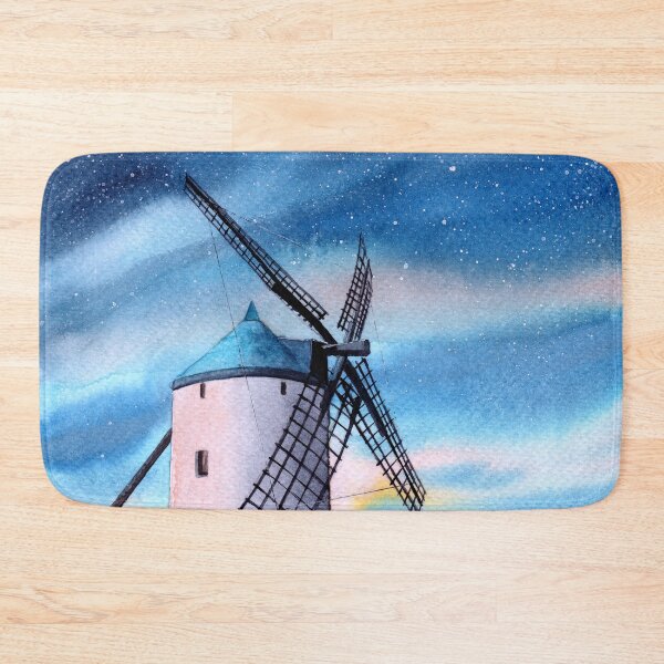 Item preview, Watercolor illustration of a night landscape with a windmill on a meadow under the starry sky designed and sold by MaryWatercolor.