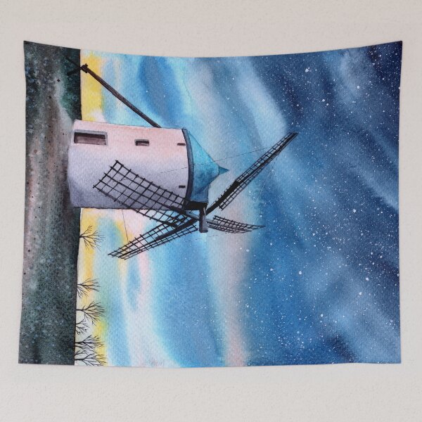 Item preview, Watercolor illustration of a night landscape with a windmill on a meadow under the starry sky designed and sold by MaryWatercolor.