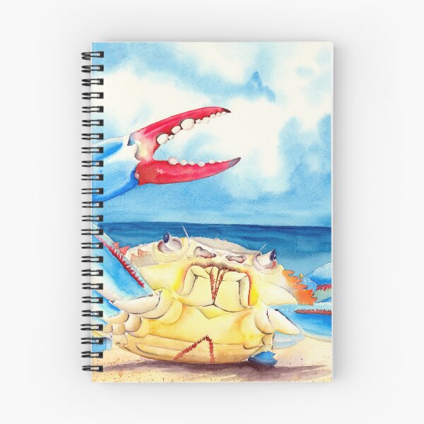 Item preview, Watercolor illustration of colorful blue crab on a sand seashore designed and sold by MaryWatercolor.