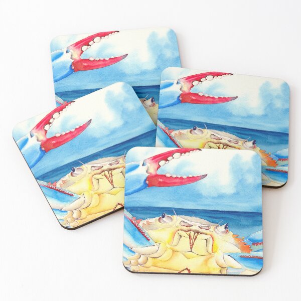 Item preview, Watercolor illustration of colorful blue crab on a sand seashore designed and sold by MaryWatercolor.