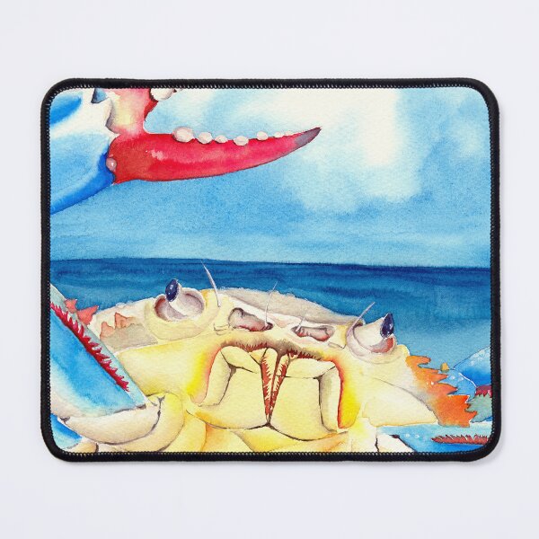 Item preview, Watercolor illustration of colorful blue crab on a sand seashore designed and sold by MaryWatercolor.