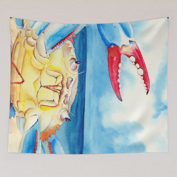 Item preview, Watercolor illustration of colorful blue crab on a sand seashore designed and sold by MaryWatercolor.