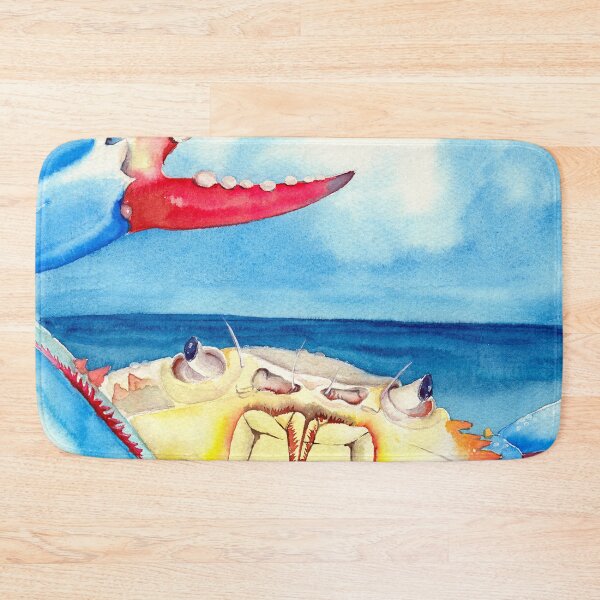 Item preview, Watercolor illustration of colorful blue crab on a sand seashore designed and sold by MaryWatercolor.