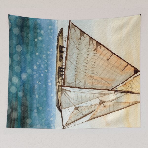 Item preview, Watercolor illustration of sailing ship in blue sparkling sea designed and sold by MaryWatercolor.