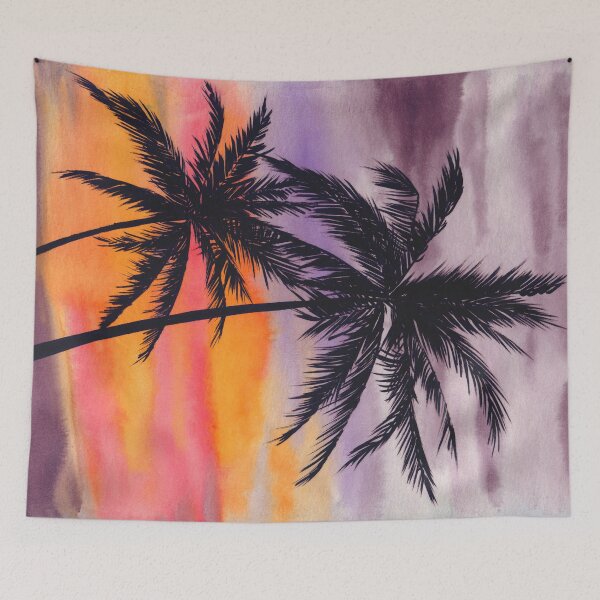 Item preview, Watercolor silhouettes of two palm trees on sunset designed and sold by MaryWatercolor.