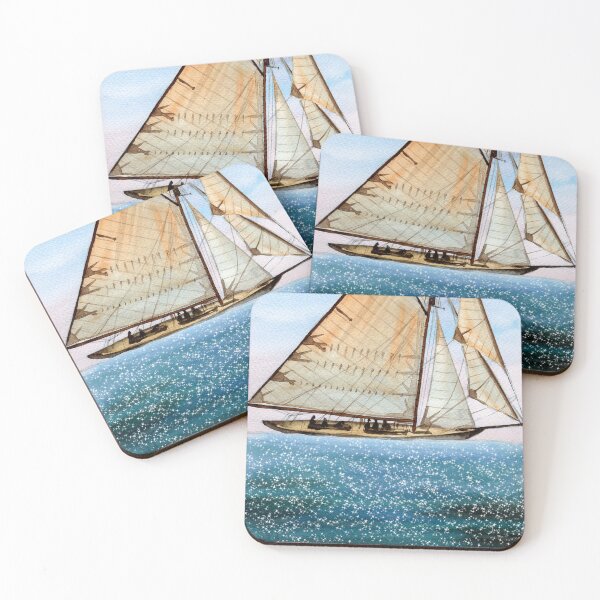 Item preview, Watercolor illustration of sailing ship in vivid blue sparkling sea designed and sold by MaryWatercolor.