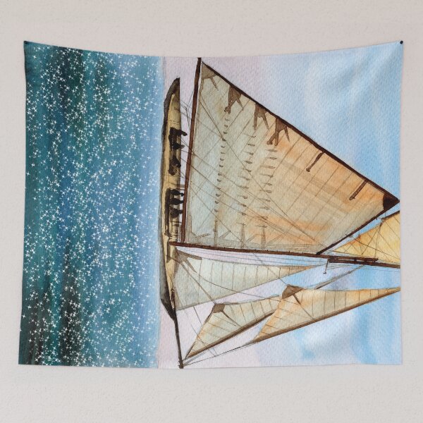 Item preview, Watercolor illustration of sailing ship in vivid blue sparkling sea designed and sold by MaryWatercolor.