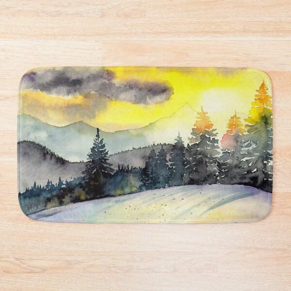Item preview, Watercolor picture of a sunset in a winter forest, with a snow-covered meadow designed and sold by MaryWatercolor.
