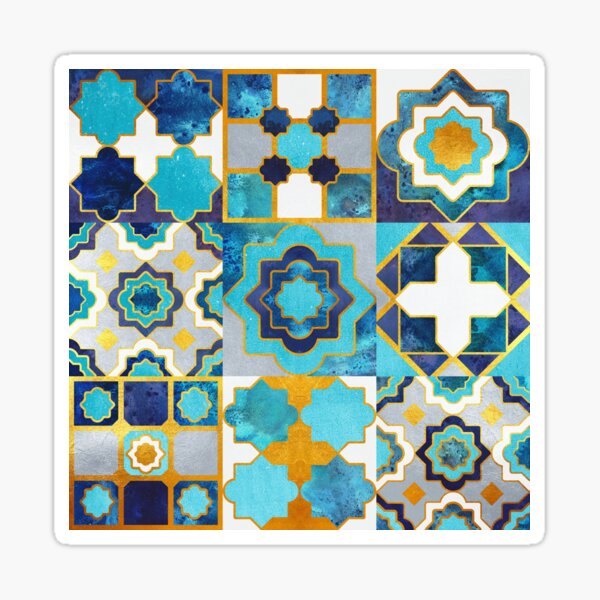 Item preview, Spanish moroccan tiles inspiration // turquoise blue golden lines designed and sold by SelmaCardoso.