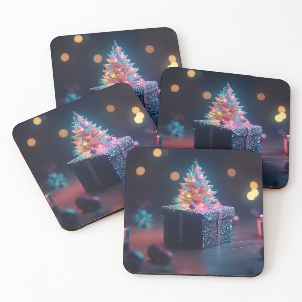 Item preview, Toy mini Christmas tree and gift box, neon lighting, bokeh background 2 designed and sold by jetaiart.