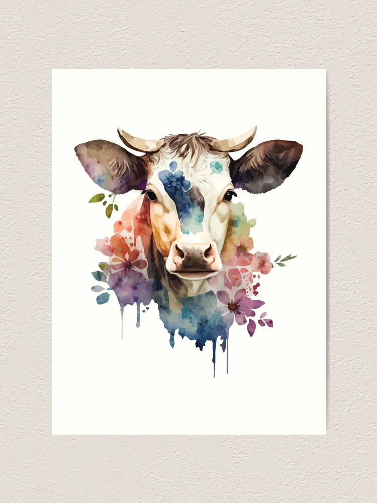 Colourful Cow Cattle 2 Watercolour Painting Style Animal Kids Room Canvas  Print