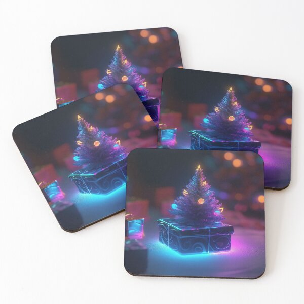 Item preview, Toy mini Christmas tree and gift box, neon lighting, bokeh background 9 designed and sold by jetaiart.