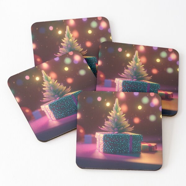 Item preview, Toy mini Christmas tree and gift box, neon lighting, bokeh background 10 designed and sold by jetaiart.