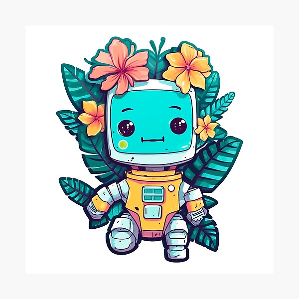 Item preview, Cute robot with friendly eyes with tropical flowers around designed and sold by robotnatureco.