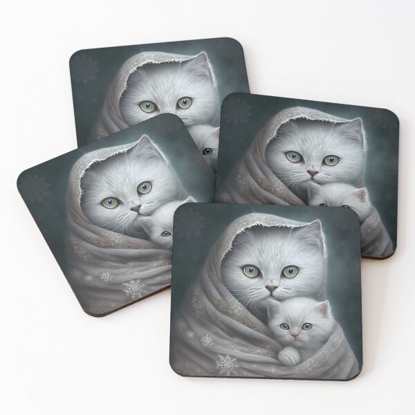 Artikelvorschau, White British Shorthair Mother Cat And Her Kitten entworfen und verkauft von Nocturne  Paws.