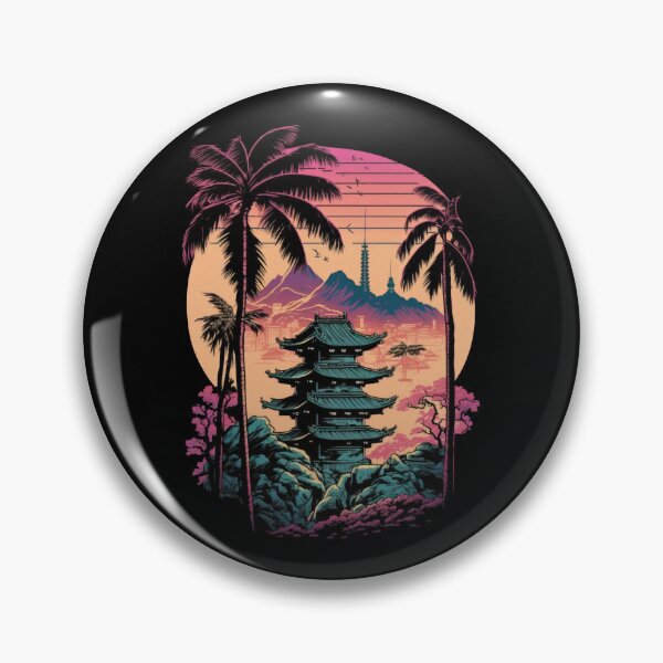 Item preview, Retrowave Tokyo Pagoda Sunset With Palm Trees designed and sold by SamuraiSwords.