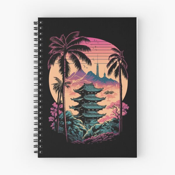 Item preview, Retrowave Tokyo Pagoda Sunset With Palm Trees designed and sold by SamuraiSwords.
