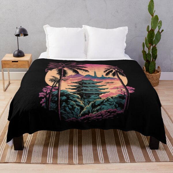 Item preview, Retrowave Tokyo Pagoda Sunset With Palm Trees designed and sold by SamuraiSwords.