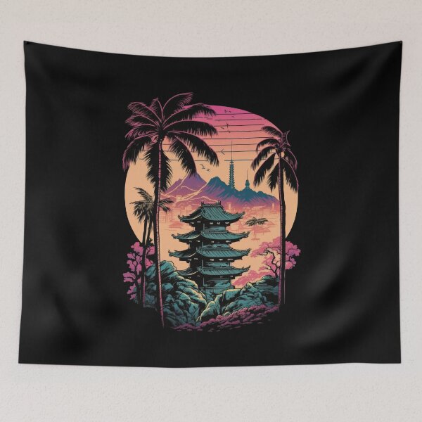 Item preview, Retrowave Tokyo Pagoda Sunset With Palm Trees designed and sold by SamuraiSwords.