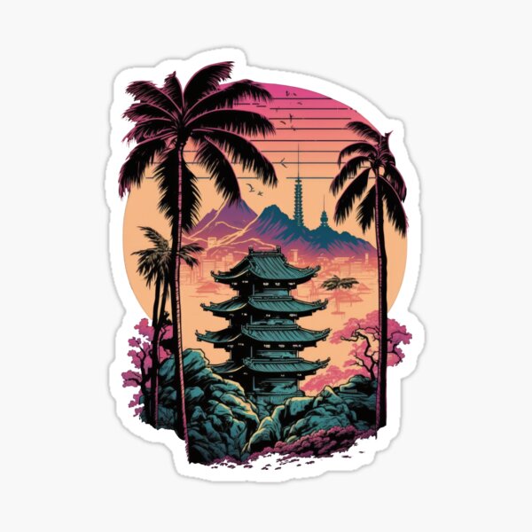 Item preview, Retrowave Tokyo Pagoda Sunset With Palm Trees designed and sold by SamuraiSwords.