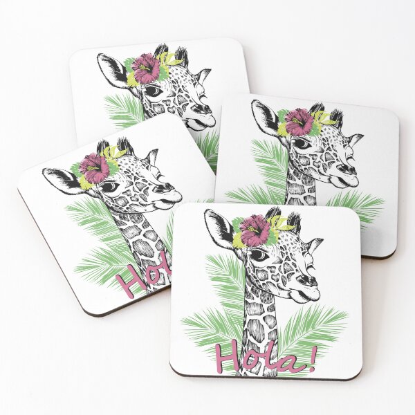 Item preview, Giraffe baby with hibiscus flower on a head, palm leaf & slogan Hola. Drawn by hand with pen designed and sold by Marina Smorodinskaya.
