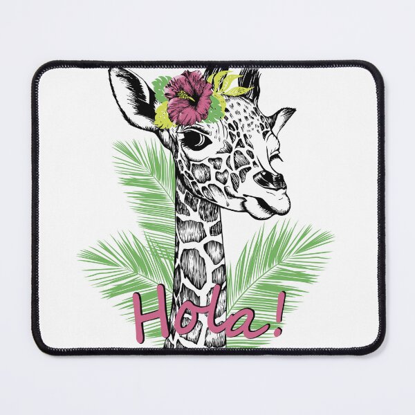 Item preview, Giraffe baby with hibiscus flower on a head, palm leaf & slogan Hola. Drawn by hand with pen designed and sold by Marina Smorodinskaya.