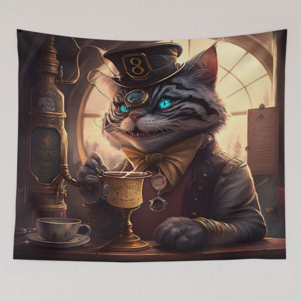 Item preview, Steampunk Cheshire Cat & Coffee Retro Alice in Wonderland designed and sold by AIWanderer.
