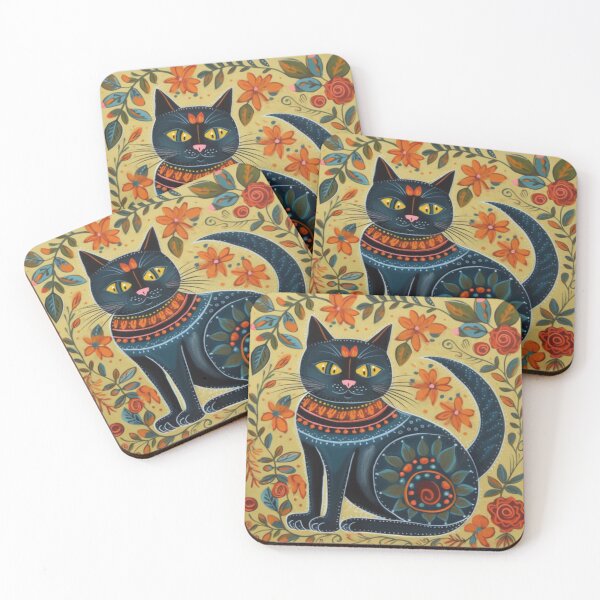 Item preview, Chromatic Feline Fantasy - Vibrant 1960s Folk Art Inspired Cat Illustration designed and sold by EndlessTextures.