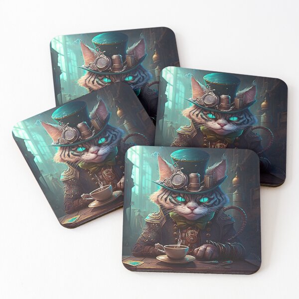 Item preview, Steampunk Cheshire Cat & Coffee Retro Alice in Wonderland designed and sold by AIWanderer.