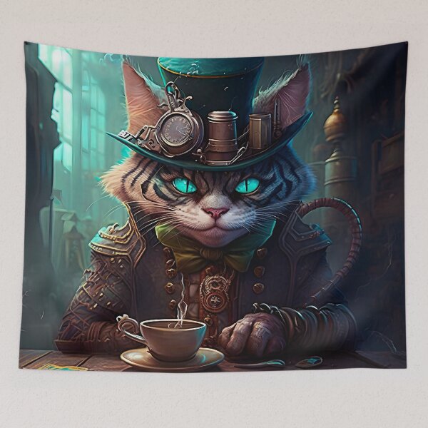 Item preview, Steampunk Cheshire Cat & Coffee Retro Alice in Wonderland designed and sold by AIWanderer.