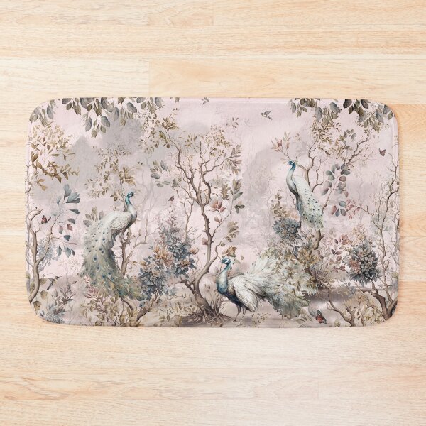 Item preview, Forest landscape wallpaper pattern with white peacock birds with trees plants and birds in a vintage style landscape pink background designed and sold by hAITHAM1985.
