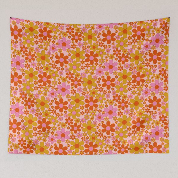 Item preview, Flower power retro florals - straight from the 1970s - gorgeous vintage pink, orange and gold straight from 1973   designed and sold by BlackDogArtists.