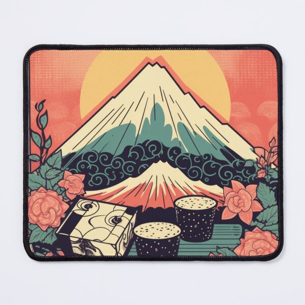 Item preview, Fuji Bento Bliss - Ukiyo-e Inspired Traditional Japanese style Print of a Bento Box and Sake with Mt. Fuji Backdrop designed and sold by EndlessTextures.