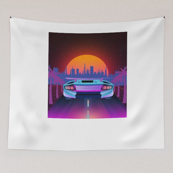Artikelvorschau, Sonnenuntergang im Synthwave-Stil über der Stadt und dem Auto entworfen und verkauft von Szafone.