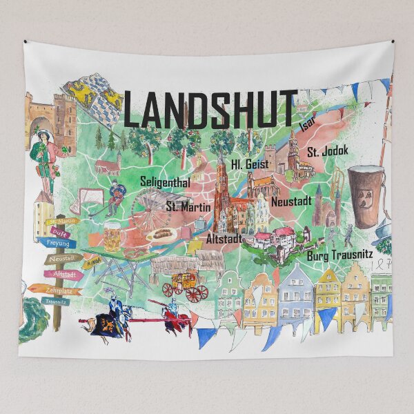 Item preview, Landshut Illustrated Favorite Map with roads and Touristic Highlights designed and sold by artshop77.