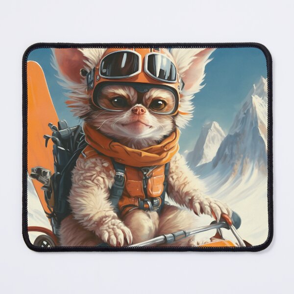 Item preview, Gizmo on winter adventure, on a snow scooter at the moutain, wearing orange clothes designed and sold by PimpMyPet.