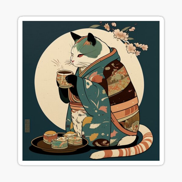 Item preview, Kimono Cat Enjoying Sushi designed and sold by ModernStyle610.