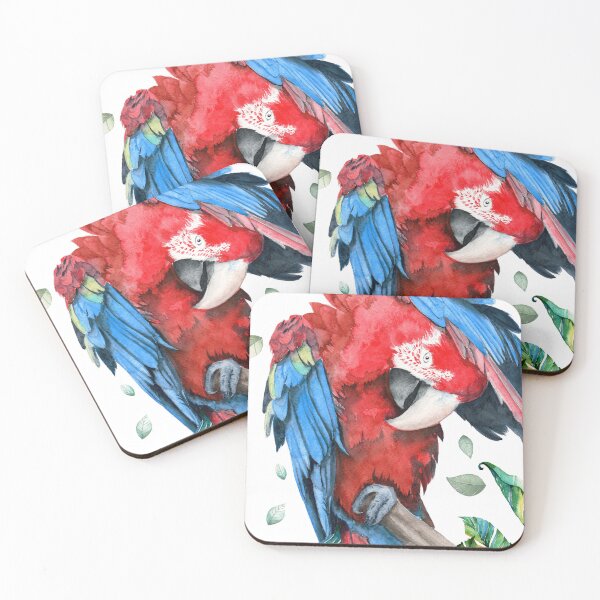 Item preview, Watercolor illustration of a large parrot with colorful red and blue vivid feathers designed and sold by MaryWatercolor.
