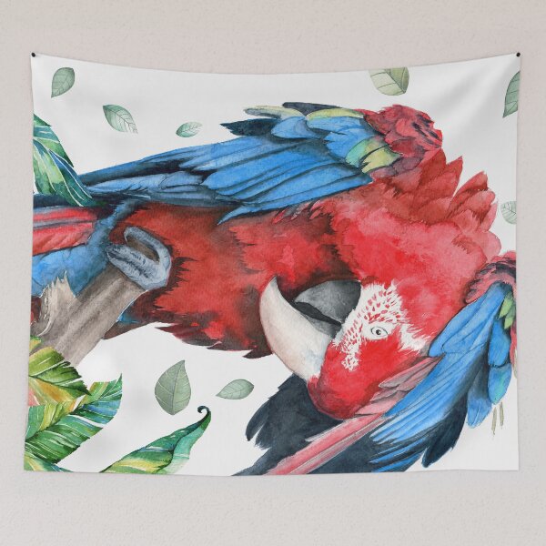 Item preview, Watercolor illustration of a large parrot with colorful red and blue vivid feathers designed and sold by MaryWatercolor.