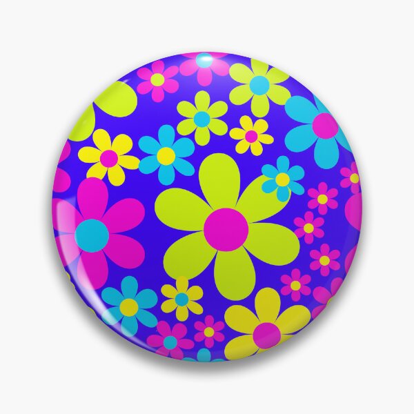 Artikelvorschau,  Kühn blaue Flower-Power-Retro-Blumen direkt aus den 1970er Jahren - Limette, Pink und Blau entworfen und verkauft von BlackDogArtists.