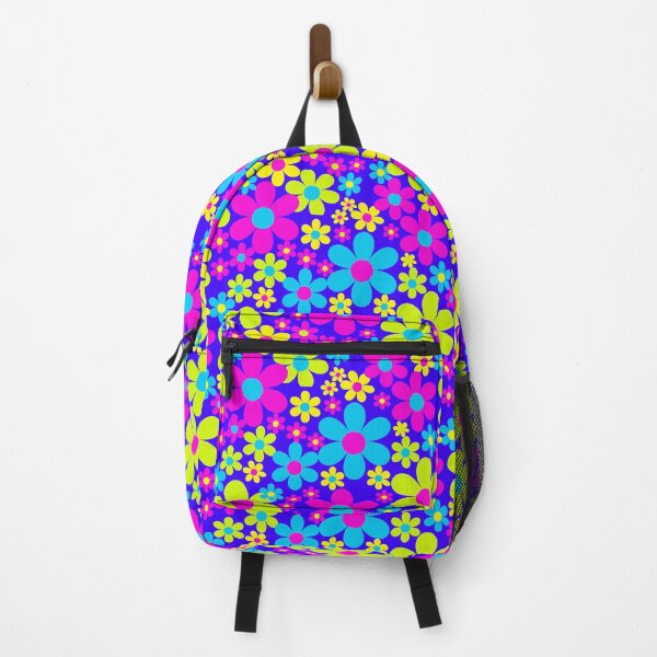 Item preview, Boldly blue flower power retro florals straight from the 1970s - lime, hot pink and blue designed and sold by BlackDogArtists.