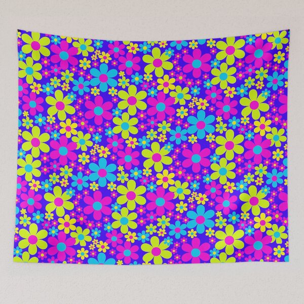 Item preview,  Boldly blue  flower power retro florals straight from the 1970s - lime, hot pink and blue designed and sold by BlackDogArtists.
