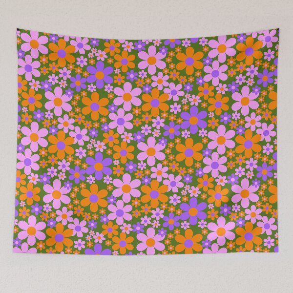Item preview, Avocado and olive -   flower power retro florals straight from the 1970s -purple,  pink and orange designed and sold by BlackDogArtists.